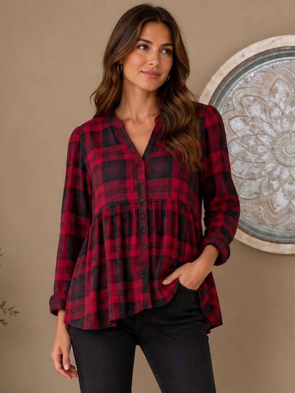 miami Red, Gray, &  Black Plaid Button-Front Peplum Adjustable Sleeves Blouse